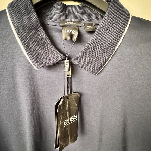 NWT Hugo Boss Slim Fit Mercerised Short Sleeve Zip Golf Shirt Navy - Picture 9 of 10